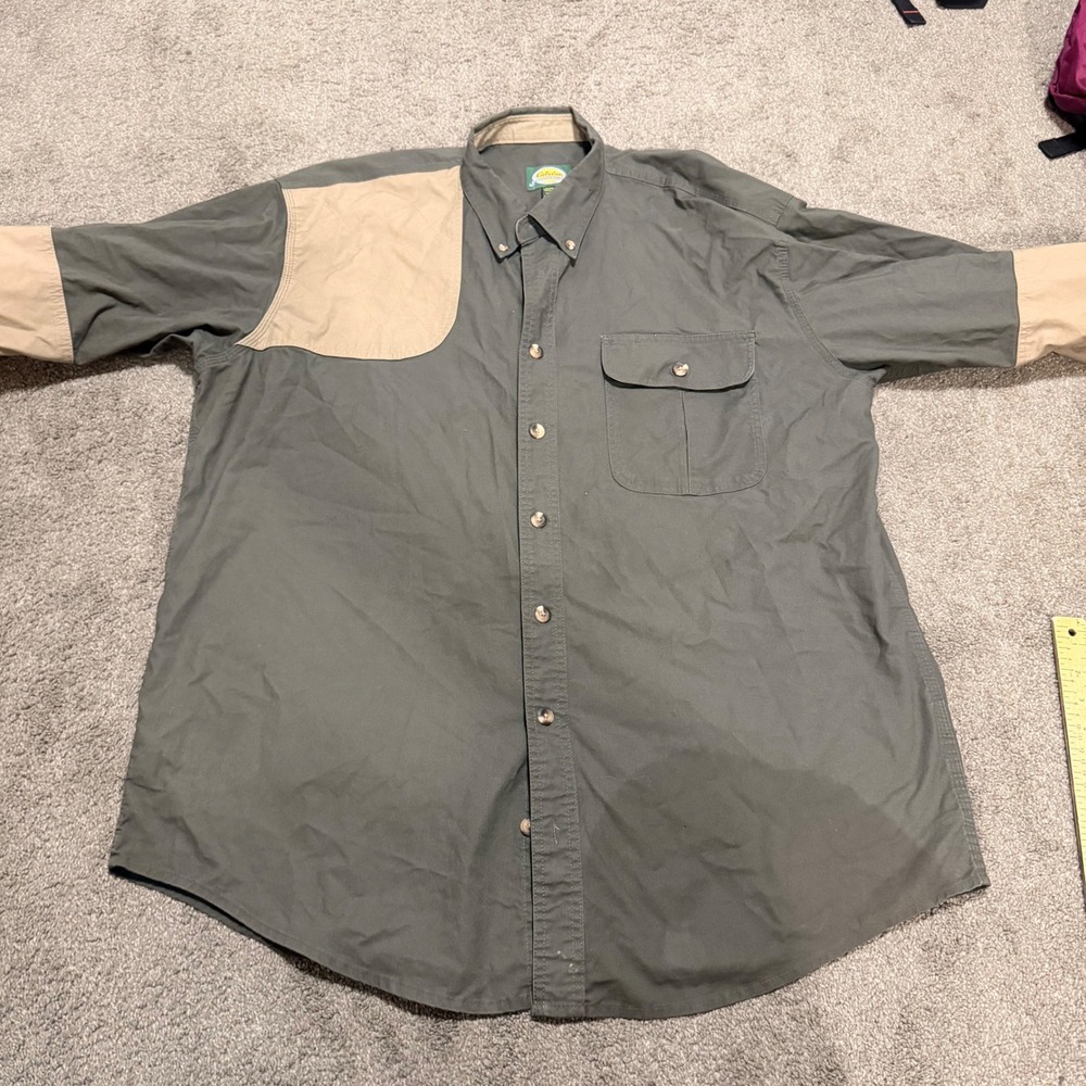 Cabelas Mens XL Tall Shooting Shirt Olive Green Tan Shooting Patches Cotton